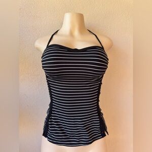 Robin Piccone Black & White Striped Halter Tankini Top